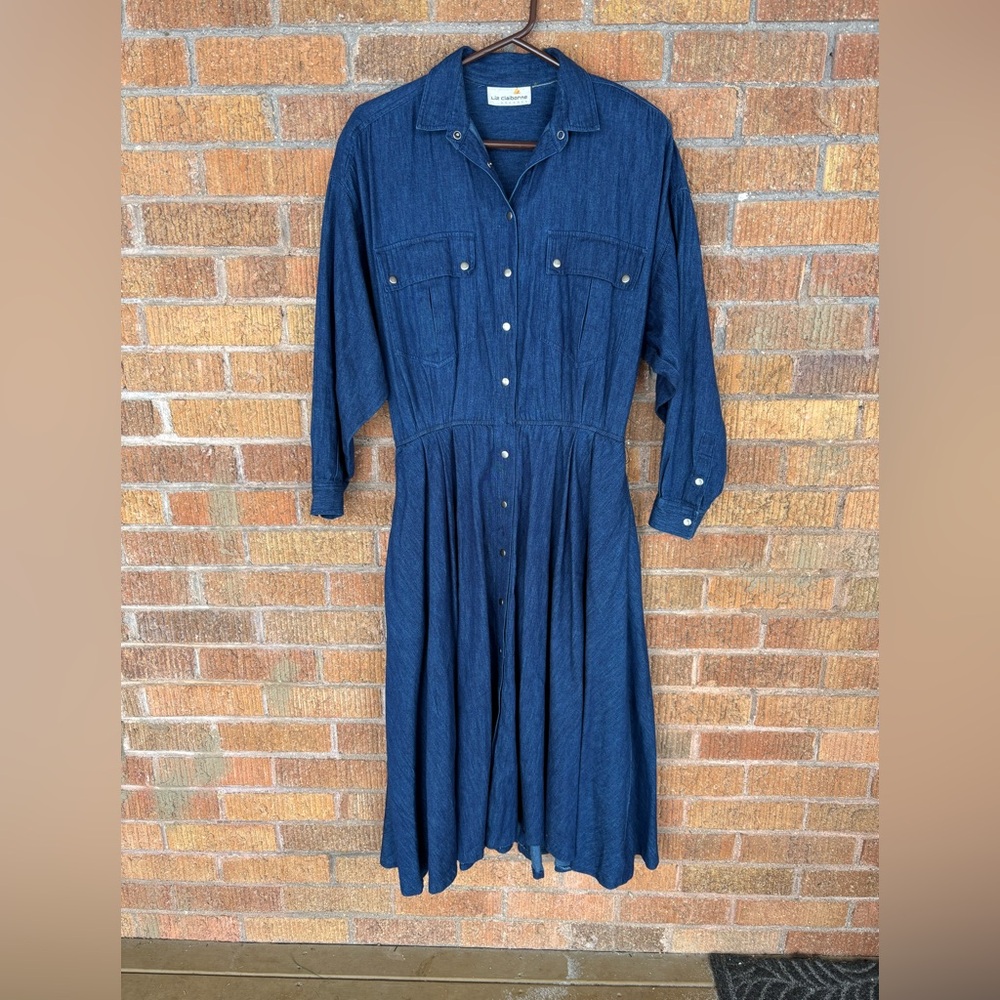Vtg Liz Claiborne Dark Denim Midi Shirtdress Fit & Flare Western Rodeo Sz 12 L